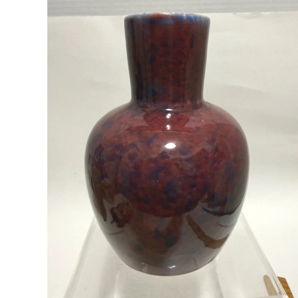 Vintage Studio Pottery Vase Oxblood Red Blue Mottled Glaze Bulbous Pottery MCM